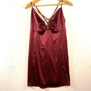 Satin Babydoll Mini Slip Dress Sz M/L Red Strappy Low Back Y2K Lingerie Club